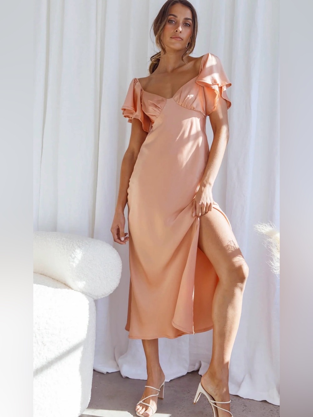 NWT Selfie Leslie Park Avenue Flutter Sleeve Side Split Midi Dress Apricot XL